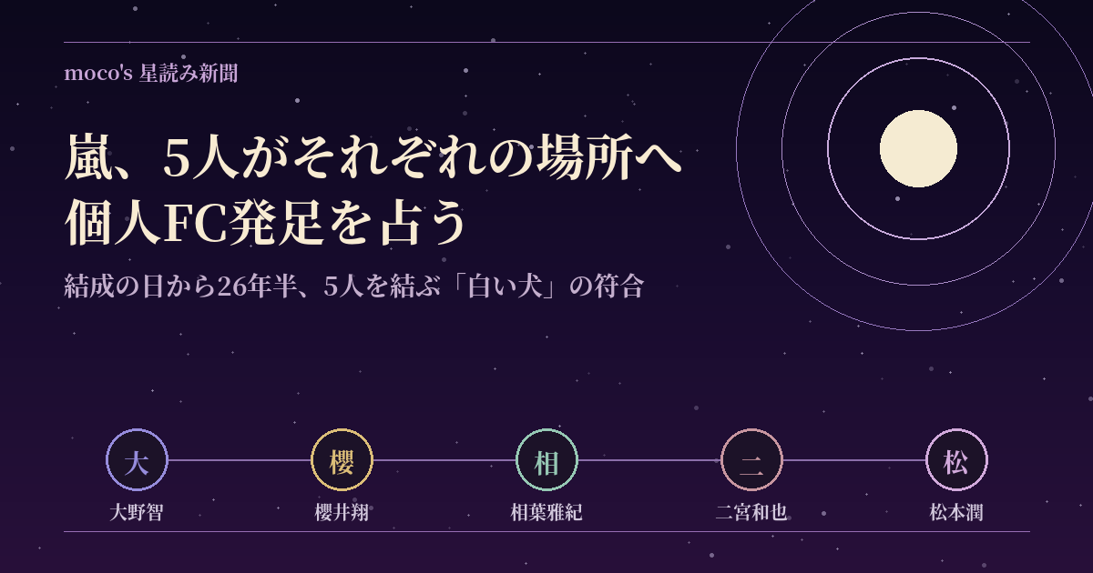 嵐5人の個人FC発足を結成日と結ぶ「白い犬」の紋章、5人それぞれの九星で読む