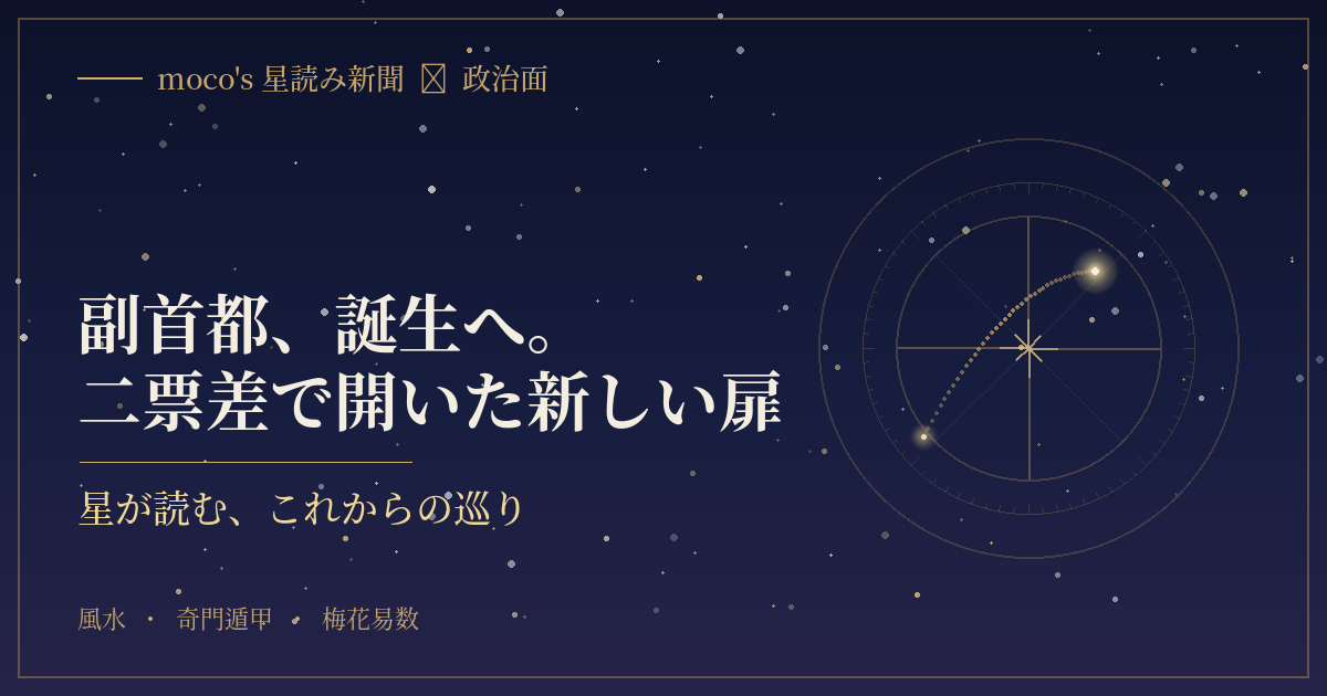 生まれたばかりの副首都構想に、星はどんな未来を映すのでしょう。風水・奇門遁甲・梅花易数で、今後の展開をそっと読み解きます。