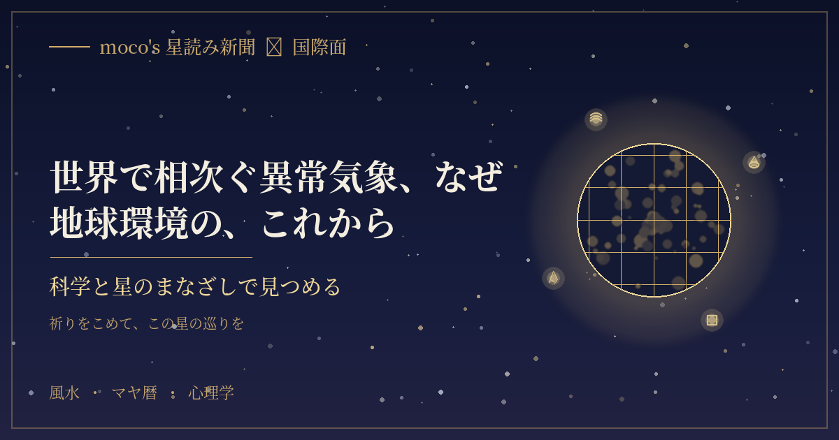 欧州の山火事、中国の台風、日本の酷暑。その「なぜ」を科学から確かめ、風水・マヤ暦・心理学で地球環境のこれからをそっと見つめます。