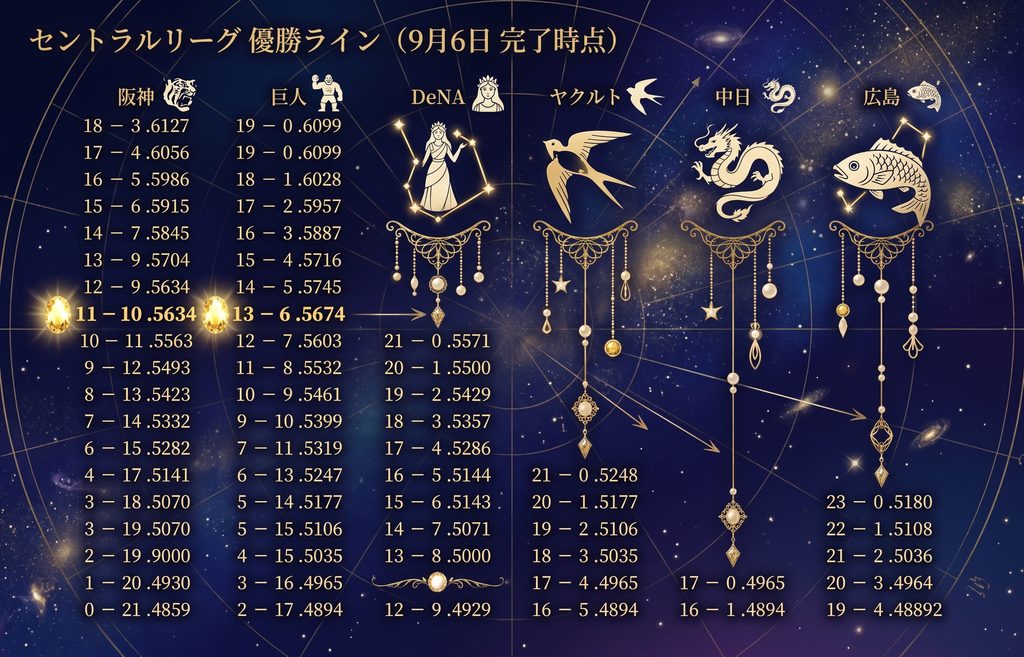 プロ野球 セントラルリーグ 優勝ライン 2026,9,7現在