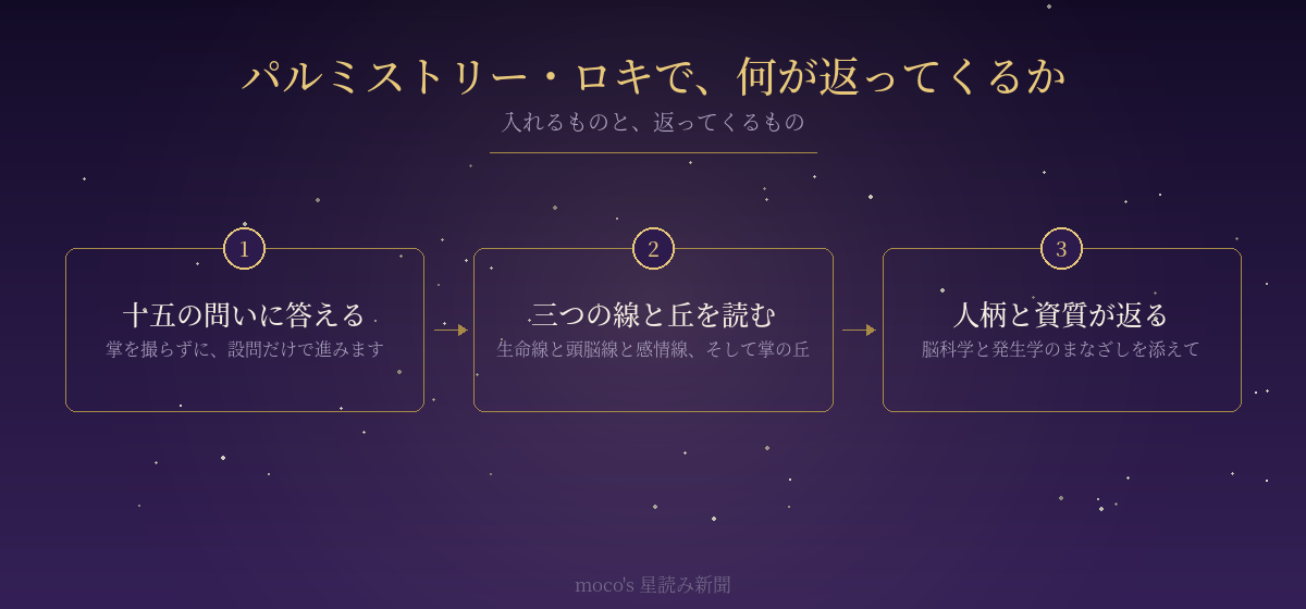 手相鑑定の無料ツールで入力するものと出力されるものを示した図